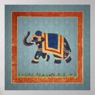 Elephant indian blue grijs rood Poster