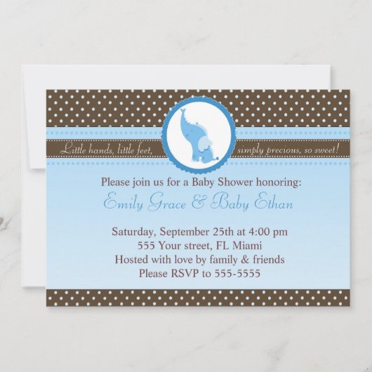 Elephant Invitation Baby Boy Shower Blue Brown Kaart (Voorkant)