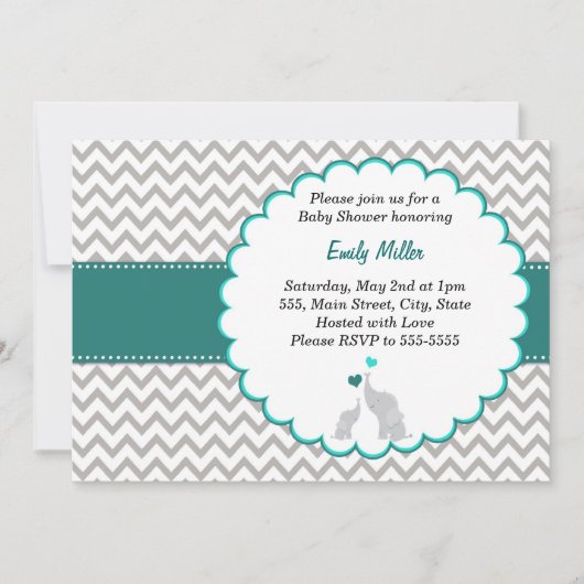 Elephant Invitation Baby shower Unisex Blauwgroen Kaart (Voorkant)