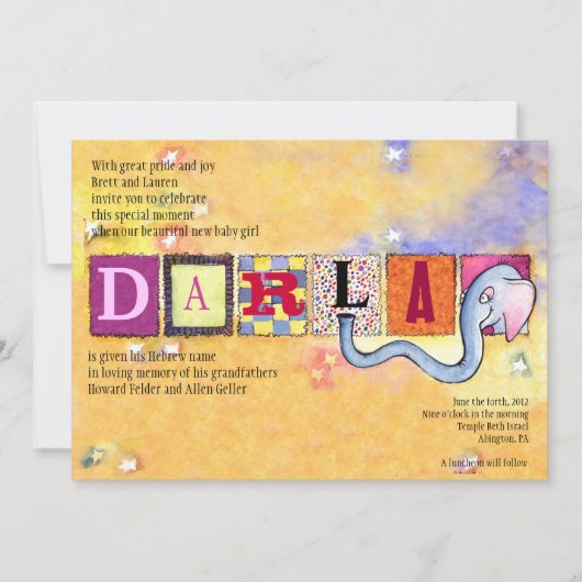 Elephant Jewish Baby Naming Invitation hebrew girl Kaart (Voorkant)
