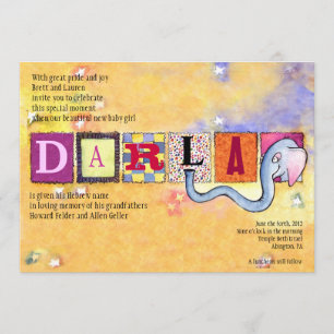 Elephant Jewish Baby Naming Invitation hebrew girl Kaart