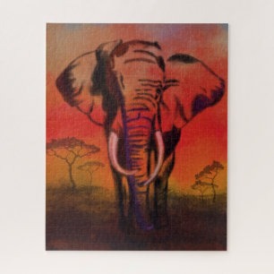 Elephant Jigzaag Puzzle Sunset Savanna Painting Legpuzzel