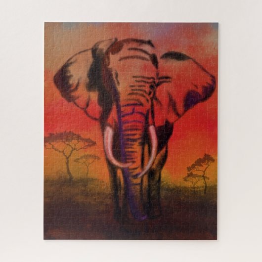 Elephant Jigzaag Puzzle Sunset Savanna Painting Legpuzzel (Verticaal)
