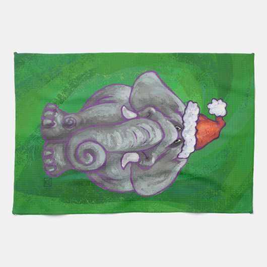 Elephant Kerstmis op groen Theedoek (Horizontaal)