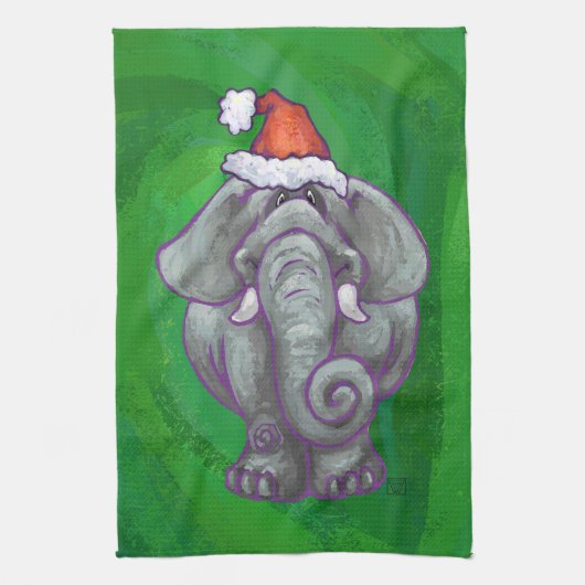 Elephant Kerstmis op groen Theedoek (Verticaal)