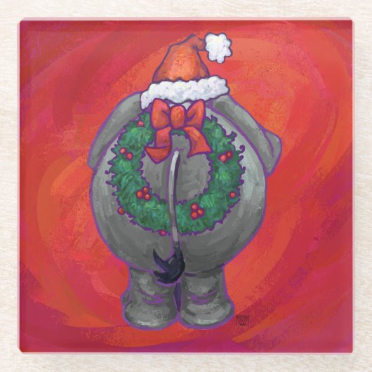 Elephant Kerstmis op rood Glazen Onderzetter (Voorkant)