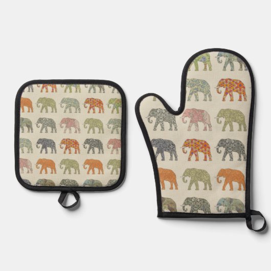 Elephant kleurrijk dierenpatroon hedendaags ovenwant & pannenlap set (Voorkant)