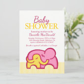 Elephant knuffel baby shower gele roze uitnodiging (Staand voorkant)
