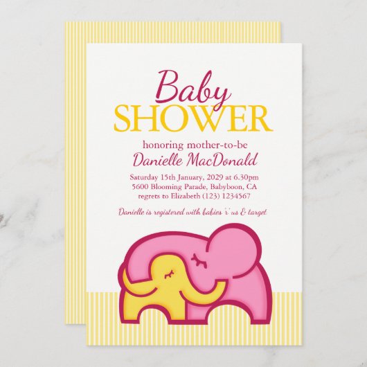 Elephant knuffel baby shower gele roze uitnodiging (Voorkant / Achterkant)