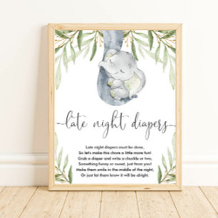 Elephant late night luiers baby shower spel poster