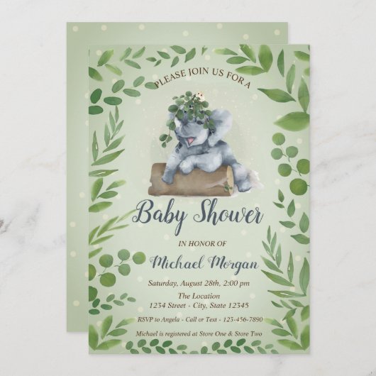 Elephant Leaves, Stippen Baby shower Kaart (Voorkant / Achterkant)