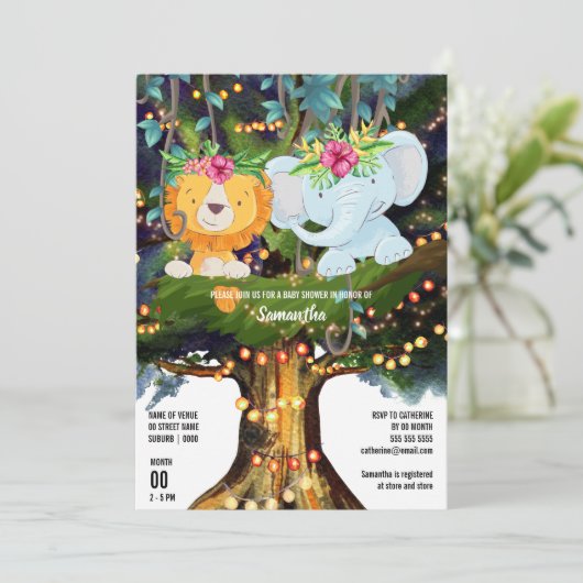 Elephant lion tropic oerwoud tree string lampjes  kaart (Staand voorkant)