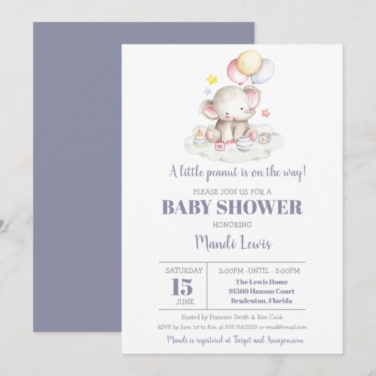 Elephant Little Peanut Boy Baby shower Invitation Kaart (Voorkant / Achterkant)