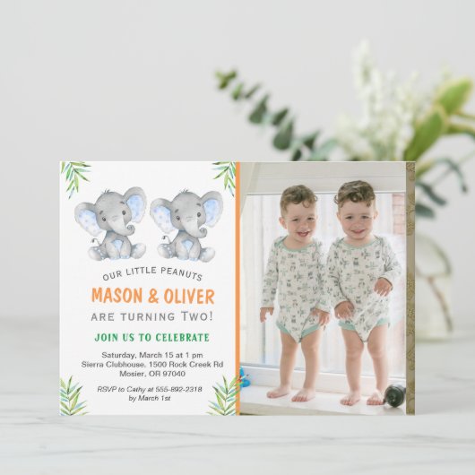 Elephant Little Peanuts Twin Boys Verjaardagsfeest Kaart (Staand voorkant)