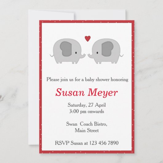 Elephant Love Heart Baby Invitation Red Kaart (Voorkant)