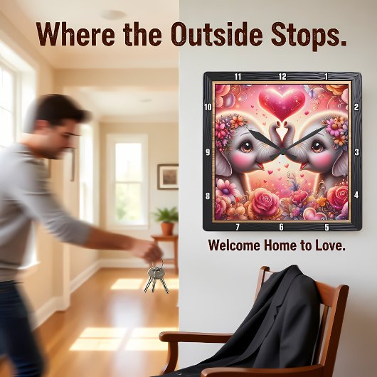 Elephant Love Heart Pink Vierkante Klok