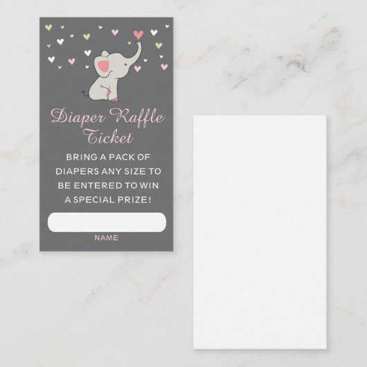 Elephant Luier Raffle Ticket · Meisje Baby shower (Voorkant / Achterkant)