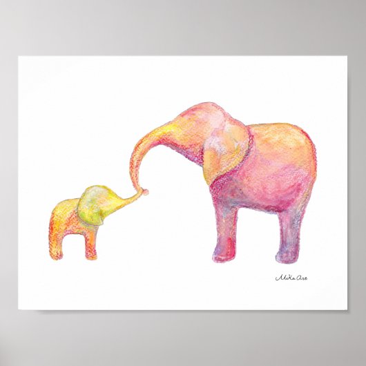 Elephant Ma & Baby Nursery Art Waterverf Dier Poster (Voorkant)