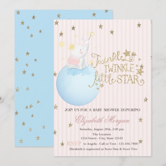Elephant, maan, Glitter Stars Striped Baby shower Kaart (Voorkant / Achterkant)