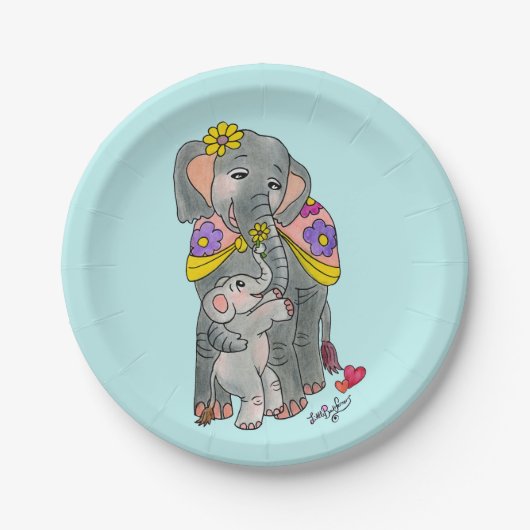 Elephant Mama en Baby Party Borden Blauw Papieren Bordje (Voorkant)
