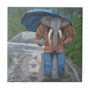 Elephant Man Walking Dogs Fantasy Art Ceramic Tile Tegeltje