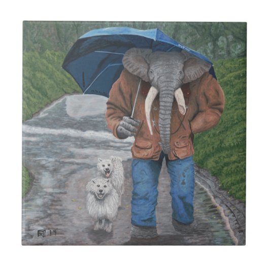 Elephant Man Walking Dogs Fantasy Art Ceramic Tile Tegeltje (Voorkant)