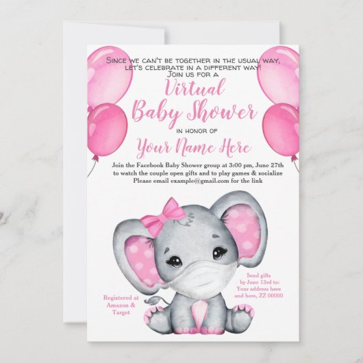 Elephant Mask Virtual Shower Baby Girl Uitnodiging (Voorkant)
