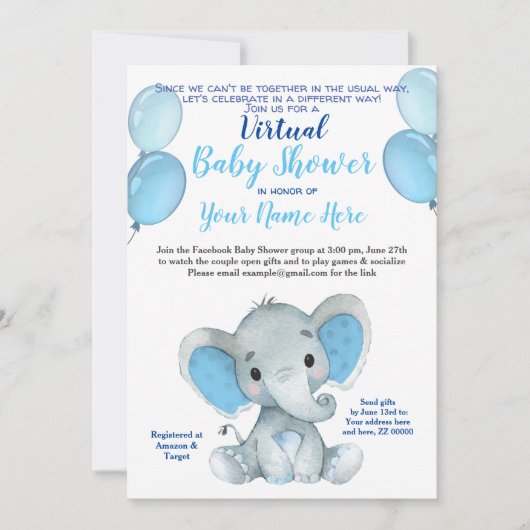 Elephant Mask Virtual Shower Baby Uitnodiging (Voorkant)