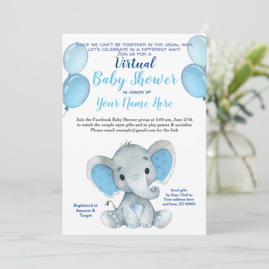 Elephant Mask Virtual Shower Baby Uitnodiging (Staand voorkant)