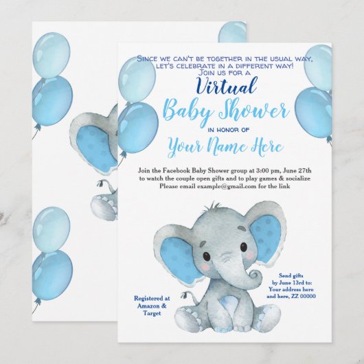 Elephant Mask Virtual Shower Baby Uitnodiging (Voorkant / Achterkant)