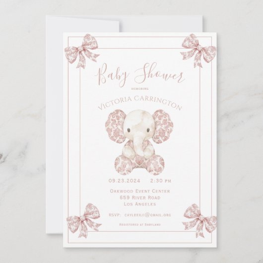 Elephant Mauve Toile  Baby shower Kaart (Voorkant)