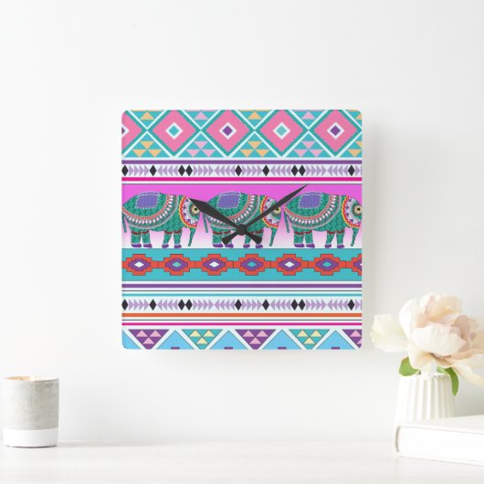 Elephant met Aztec Pattern Vierkante Klok (Huis)