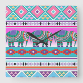 Elephant met Aztec Pattern Vierkante Klok