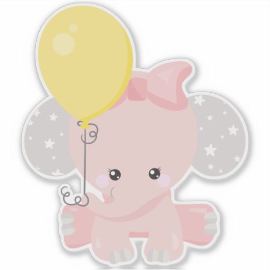 Elephant met ballon, Cute Elephant, Crown, sterren Sticker (Voorkant)