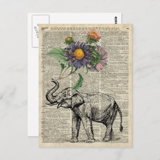 Elephant met bloemen collage over  pagina briefkaart (Voorkant / Achterkant)