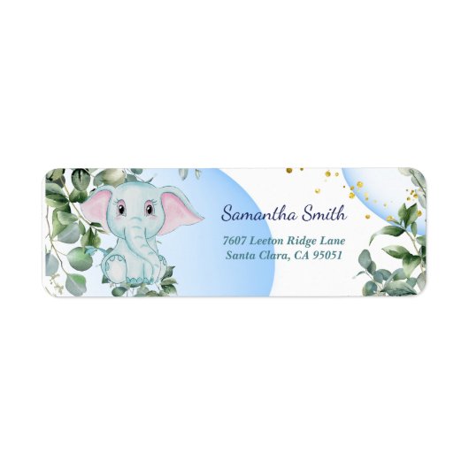 Elephant met eucalyptus met blauwe belletje etiket (Voorkant)