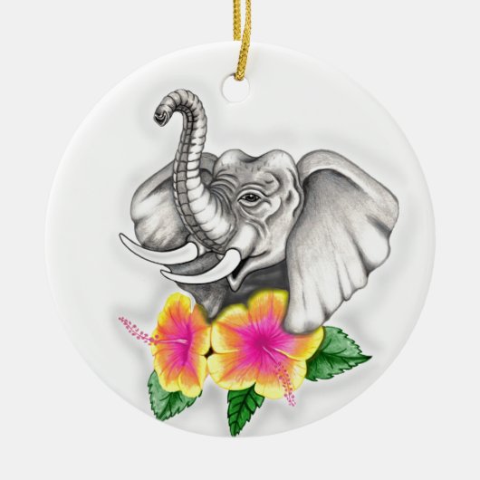 Elephant met Hibiscus Design Keramisch Ornament (Voorkant)