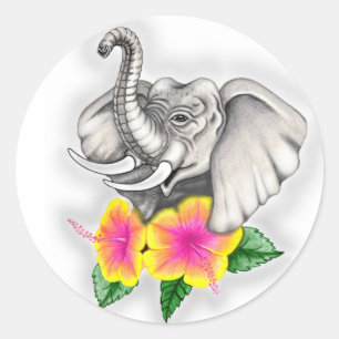 Elephant met Hibiscus Design Ronde Sticker