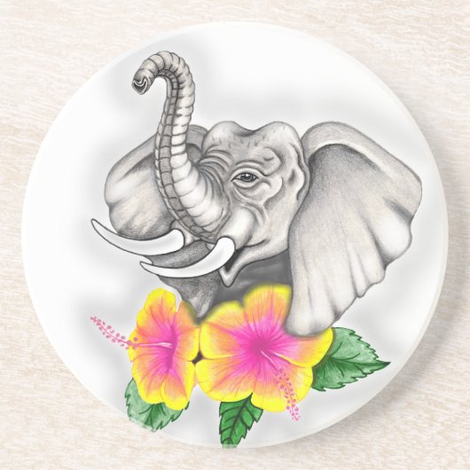 Elephant met Hibiscus Design Zandsteen Onderzetter (Voorkant)