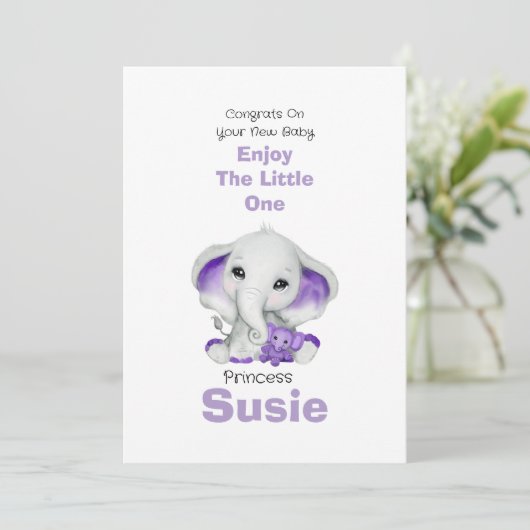 Elephant met lavender teddy beer congration card aankondiging (Staand voorkant)