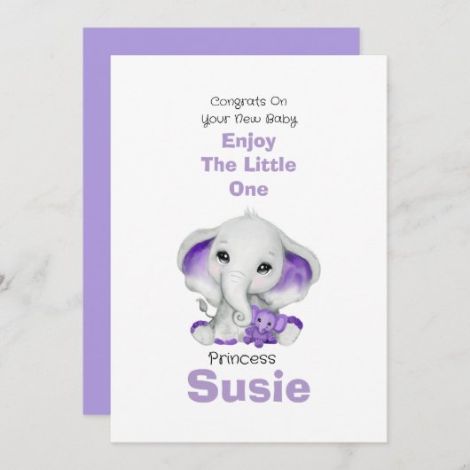 Elephant met lavender teddy beer congration card aankondiging (Voorkant / Achterkant)