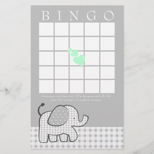 Elephant met Mint Green Hearts Gingham Bingo Kaart (Voorkant)