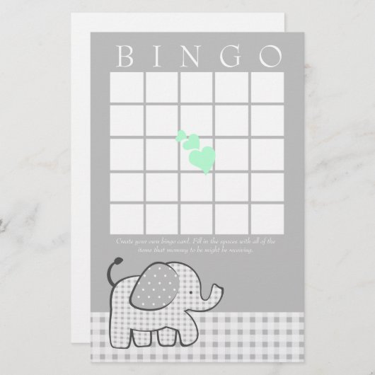 Elephant met Mint Green Hearts Gingham Bingo Kaart (Voorkant / Achterkant)