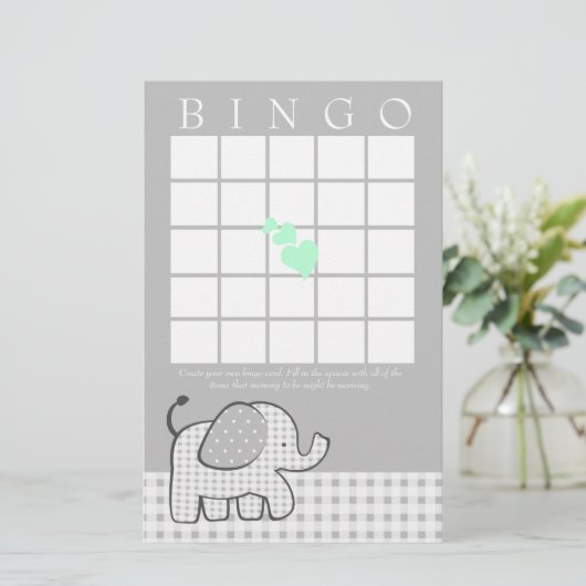 Elephant met Mint Green Hearts Gingham Bingo Kaart (Staand voorkant)