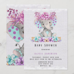 Elephant met Paars Blauwgroen Baby shower van Flor Kaart