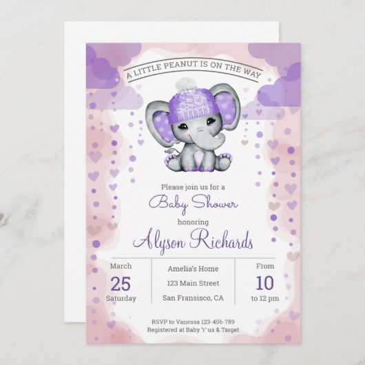 Elephant met paarse hatBaby Shower Invitation Kaart (Voorkant / Achterkant)