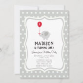 Elephant met Red Balloon Birthday Party Invite Kaart (Voorkant)