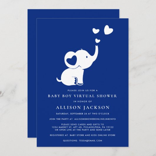 Elephant Minimal Baby Boy Virtual Shower Navy Blue Kaart (Voorkant / Achterkant)