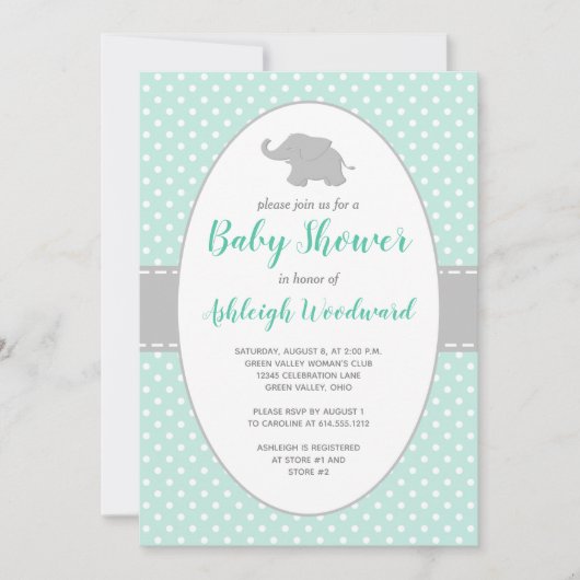 Elephant Mint Green Grey Polka Dot Baby shower Kaart (Voorkant)