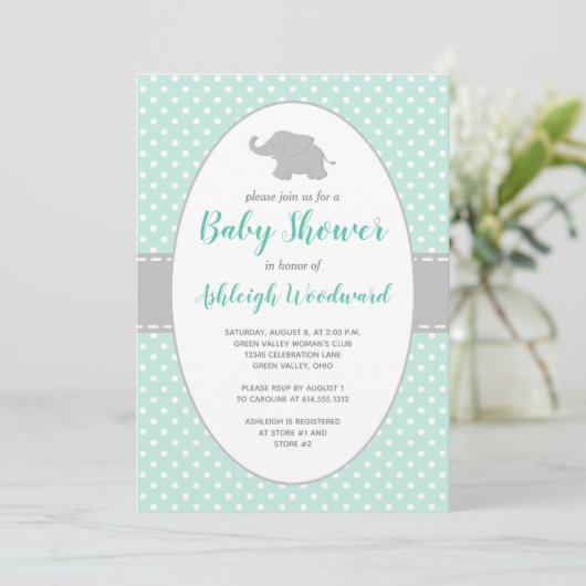 Elephant Mint Green Grey Polka Dot Baby shower Kaart (Staand voorkant)